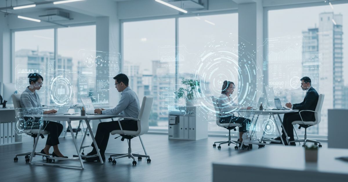 AIエージェントが中小企業の仕事を効率化し、未来のオフィスで人間と協調している様子