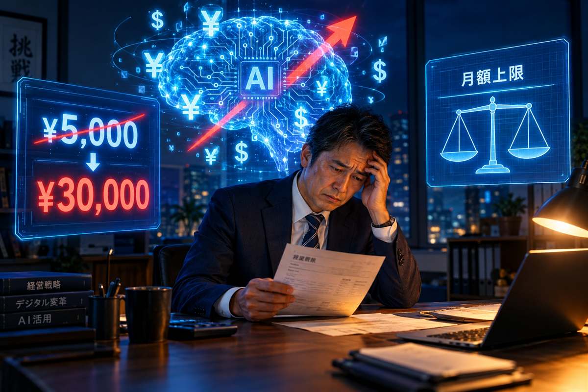 AI利用料金の請求書が5,000円から30,000円に跳ね上がったグラフを前に、頭を抱える経営者のイメージ