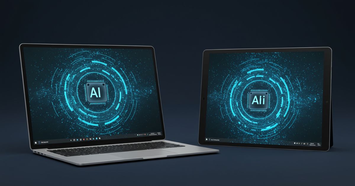 AI時代のデバイス選びを象徴する、未来的なデザインのラップトップとタブレットが並んでいる様子
