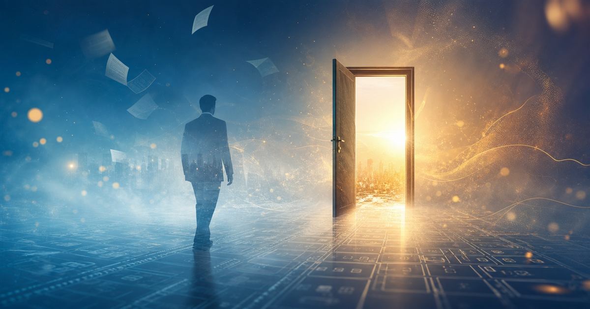 霧の中を歩くビジネスパーソンの先に、光が差し込む扉が開いているイメージ